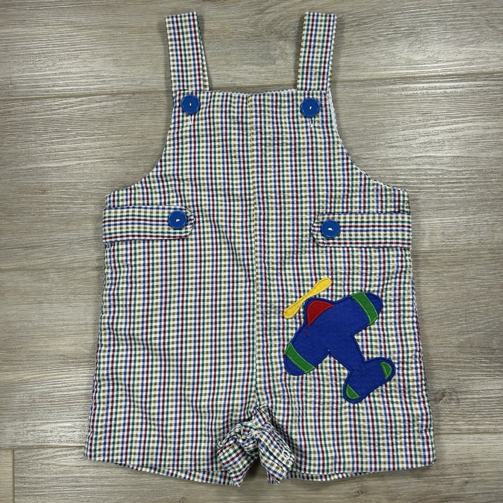 Samara Toddler 2T Seersucker Rainbow Gingham Shortalls Airplane 90s Retro‎